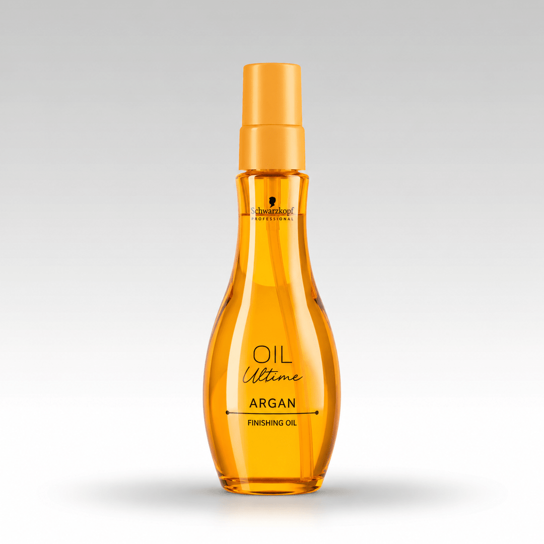Aceite capilar Schwarzkopf Oil Ultime Argan sobre fondo gris claro con sombra suave
