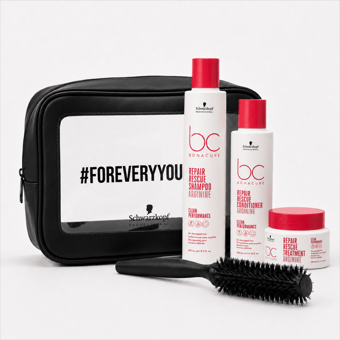Pack Bonacure Repair Rescue Arginina con shampoo, acondicionador, tratamiento, cosmetiquero y cepillo Schwarzkopf