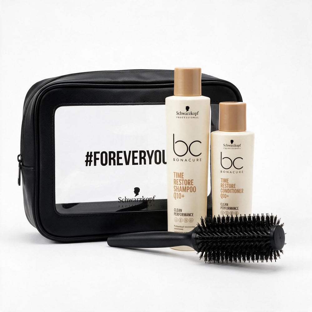 Pack Bonacure Time Restore Q10+ con shampoo, acondicionador, cosmetiquero y cepillo Schwarzkopf