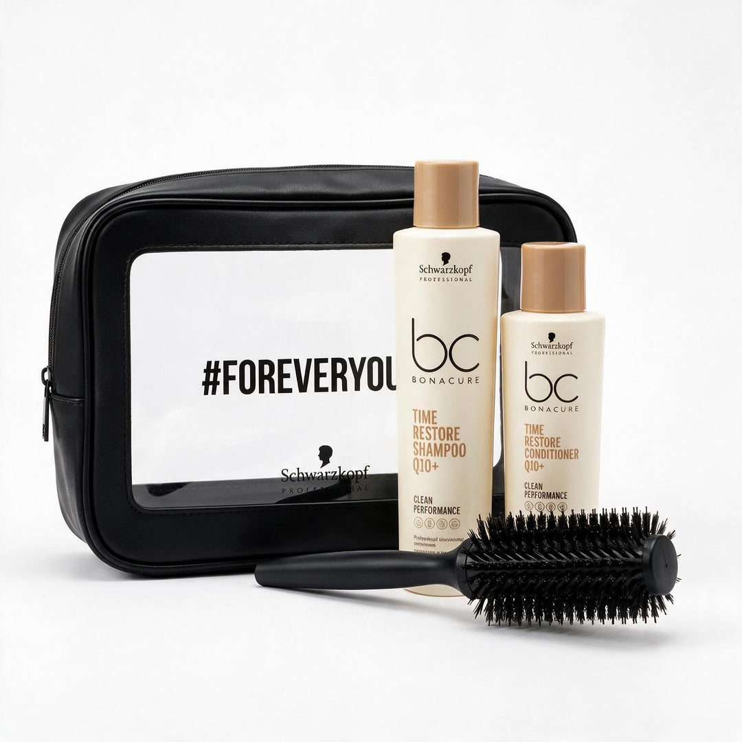 Pack Bonacure Time Restore Q10+ con shampoo, acondicionador, cosmetiquero y cepillo Schwarzkopf